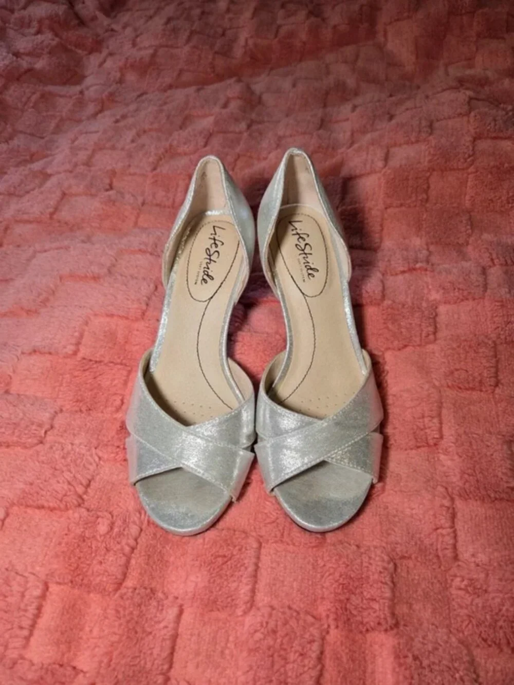 Metallic Silver Criss-Cross Peep-Toe Heels - Women's Size 7.5